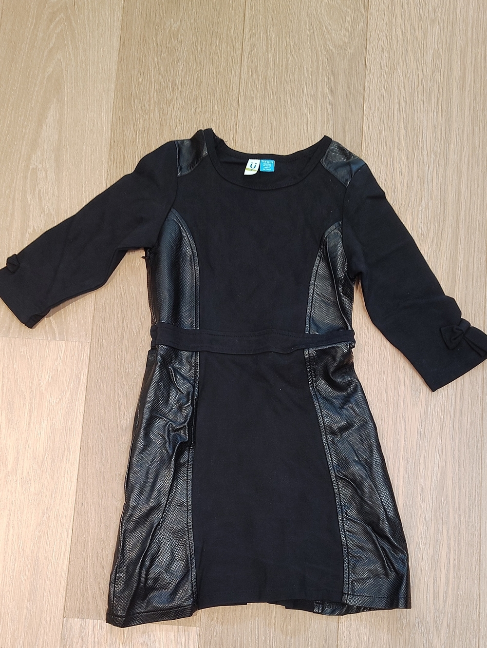 Girls Black Faux-Leather Panel Fit & Flare Dress